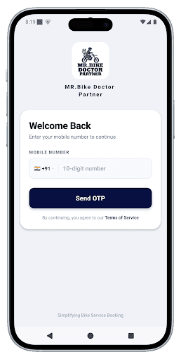 MR Bike Doctor Partner app sign-in screen with mobile number entry