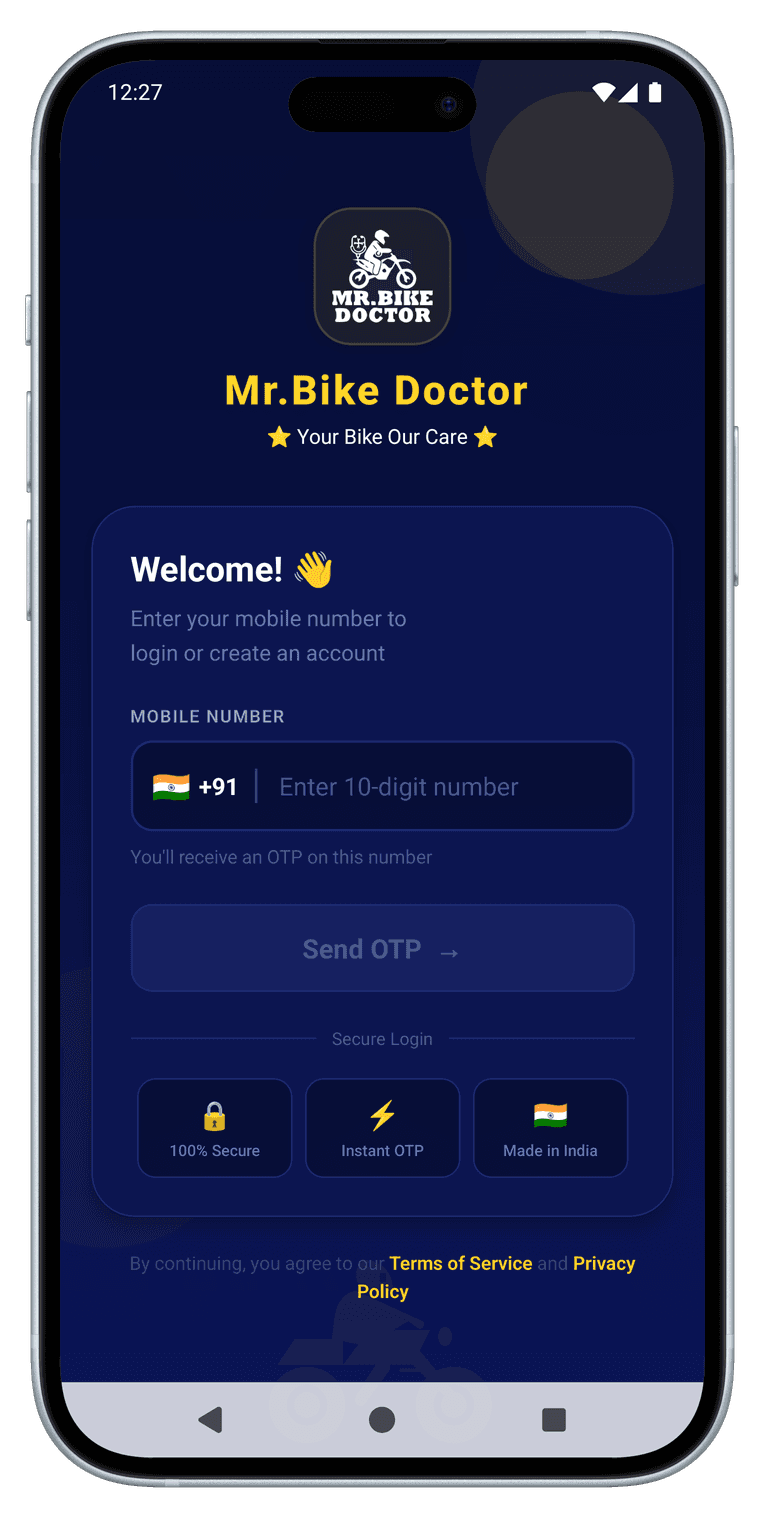 MR Bike Doctor app sign-in screen with phone number entry